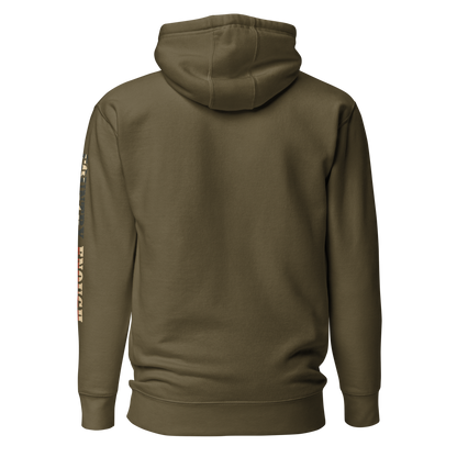 Military Green hoodie with graphic of the words country enough filled with the American flag #militarygreen