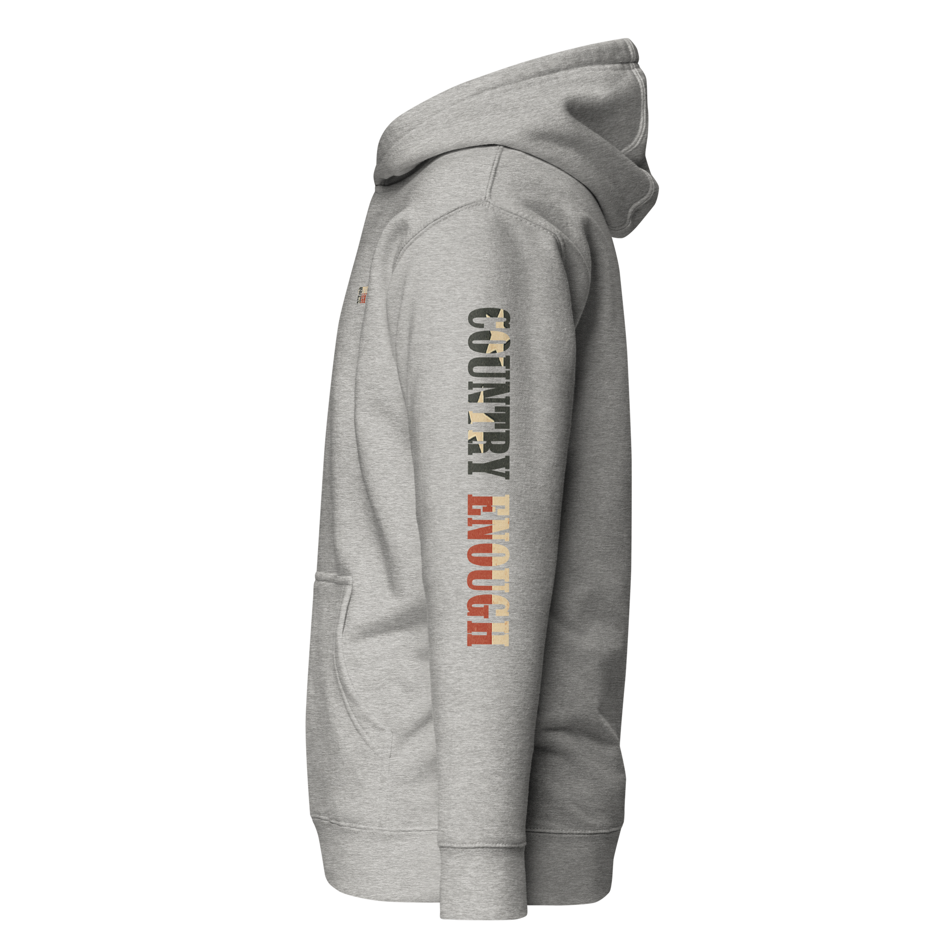 Carbon Gray hoodie with graphic of the words country enough filled with the American flag #carbongray