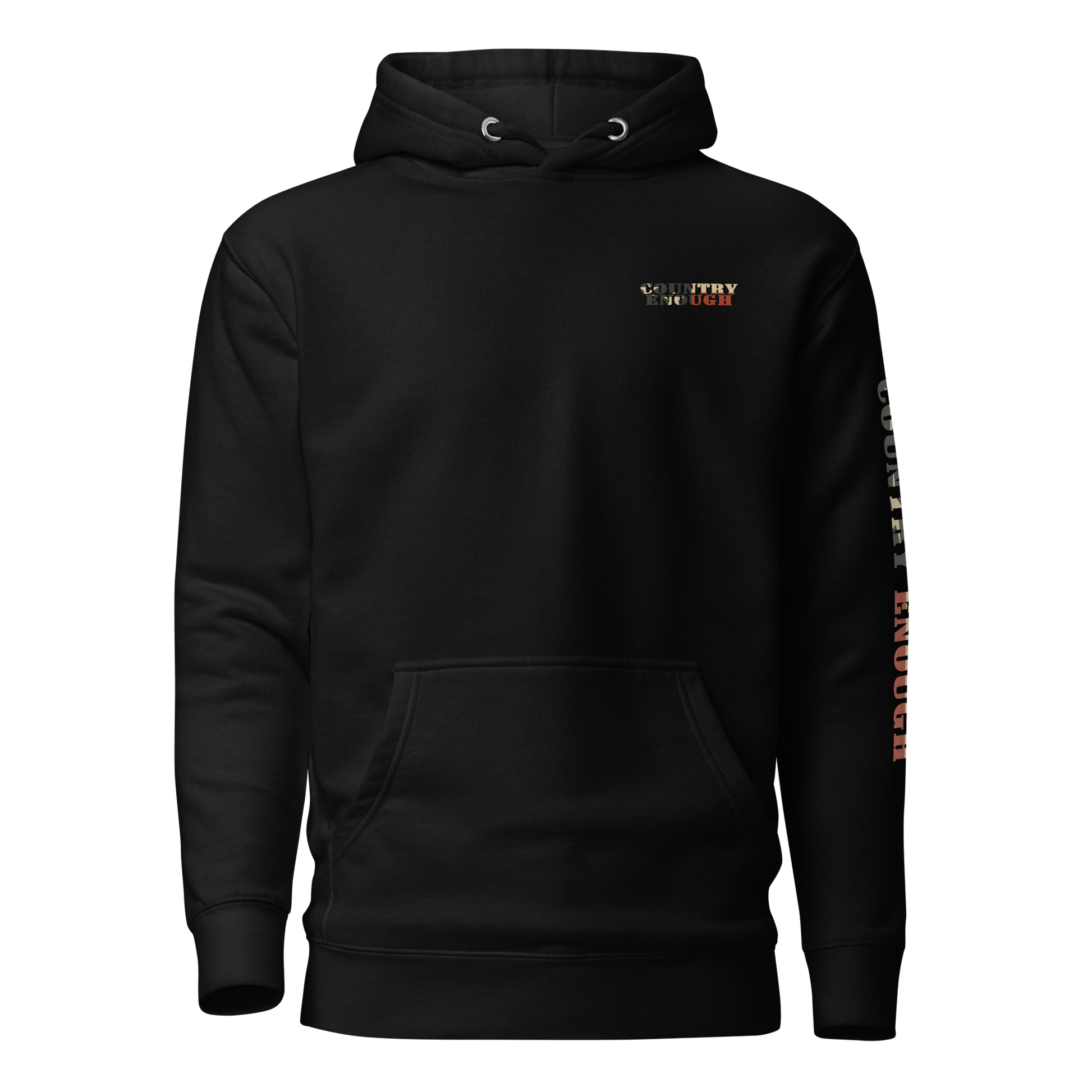 Black hoodie with graphic of the words country enough filled with the American flag #black