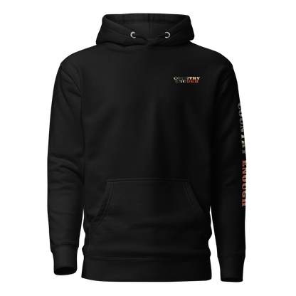 Black hoodie with graphic of the words country enough filled with the American flag #black