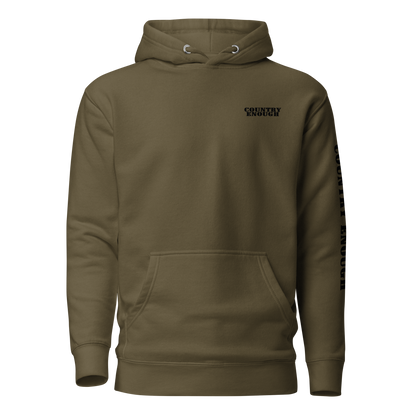 Military Green hoodie with graphic of the words country enough #militarygreen