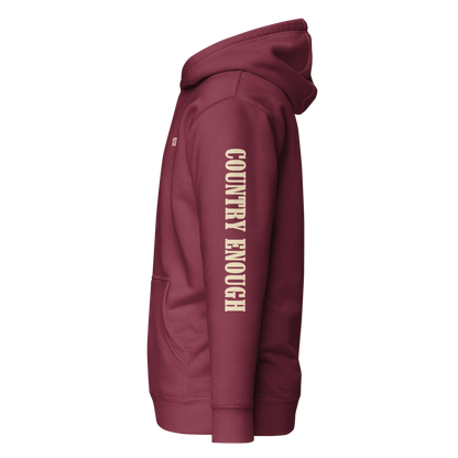 Maroon hoodie with graphic of the words country enough #maroon