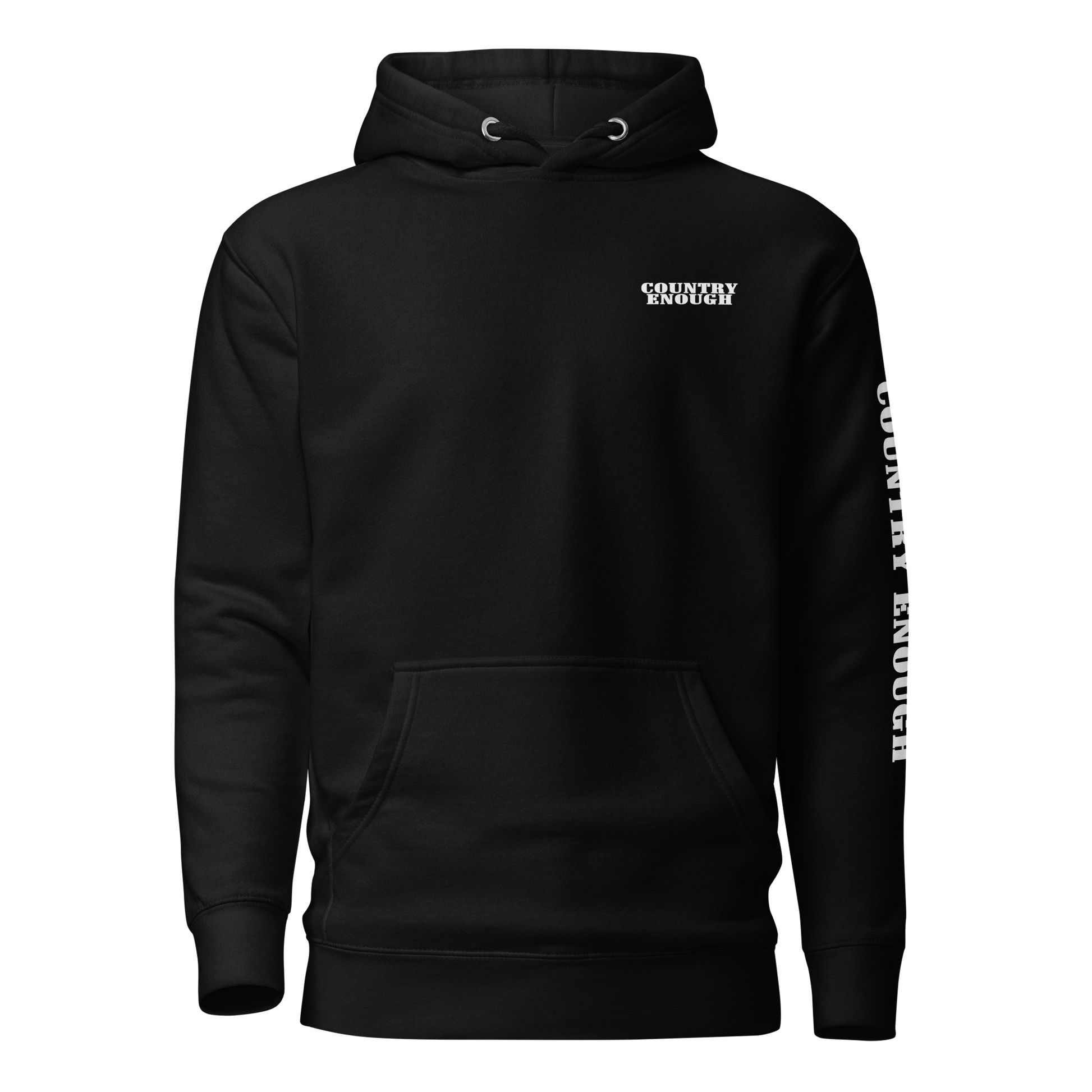 Black hoodie with graphic of the words country enough #black