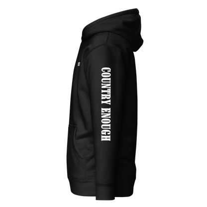 Black hoodie with graphic of the words country enough #black