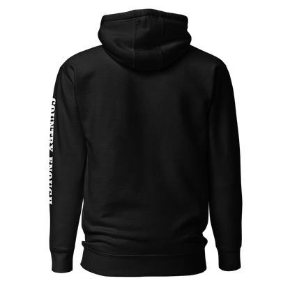 Black hoodie with graphic of the words country enough #black