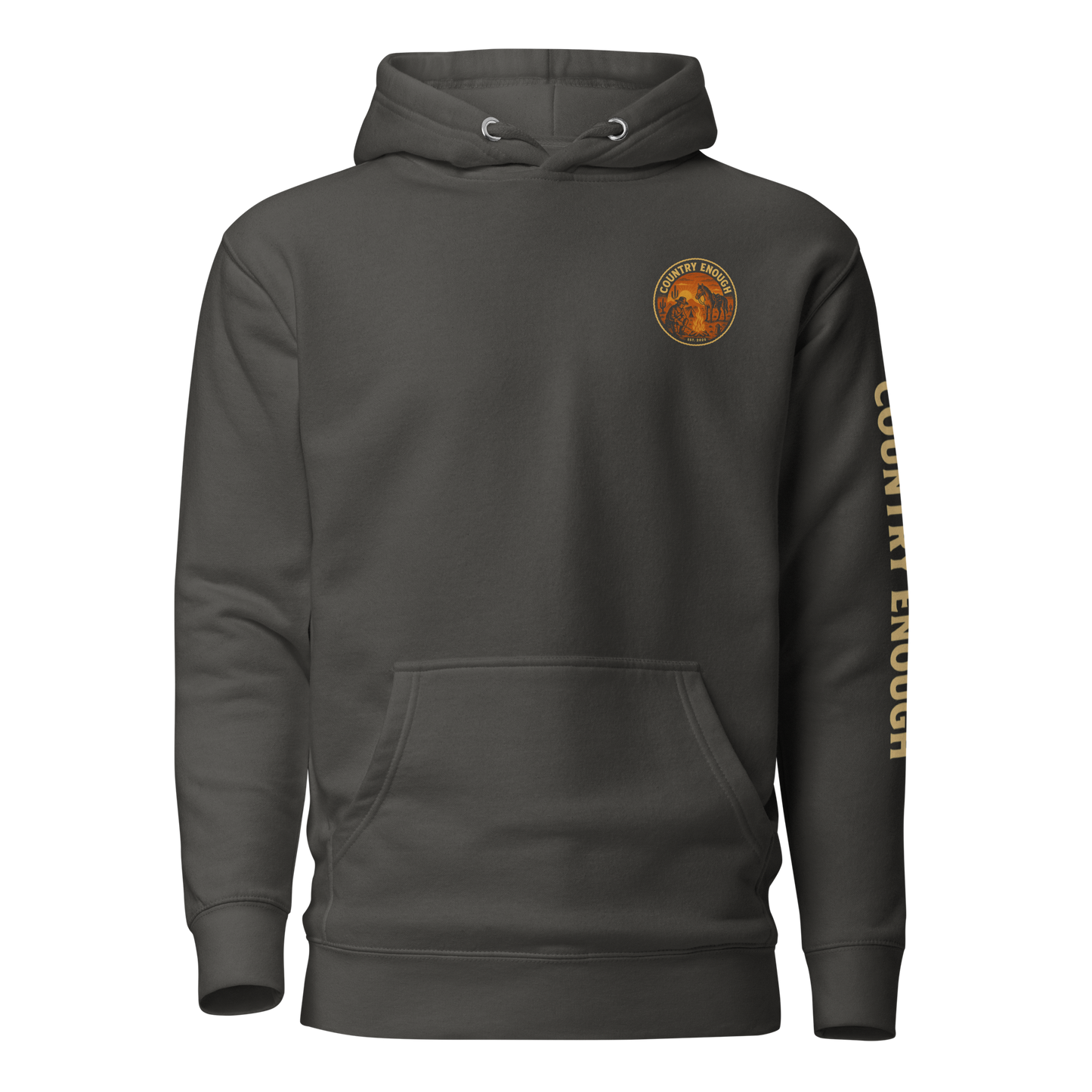 Vintage Black hoodie with circular graphic of a cowboy, horse, campfire, sun, cacti and desert landscape with words country enough #vintageblack