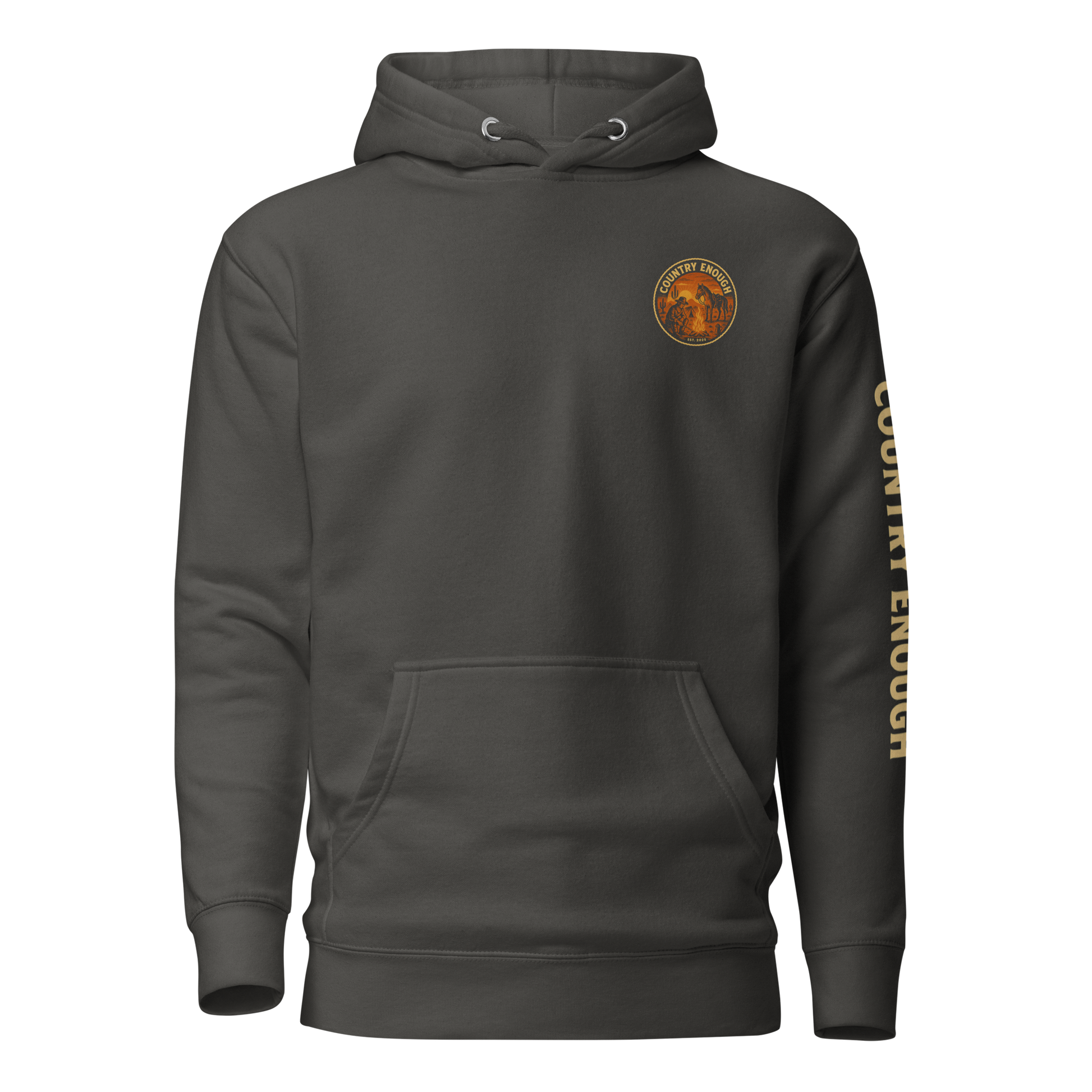 Vintage Black hoodie with circular graphic of a cowboy, horse, campfire, sun, cacti and desert landscape with words country enough #vintageblack