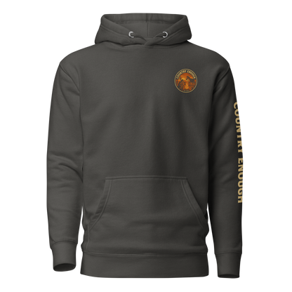 Vintage Black hoodie with circular graphic of a cowboy, horse, campfire, sun, cacti and desert landscape with words country enough #vintageblack