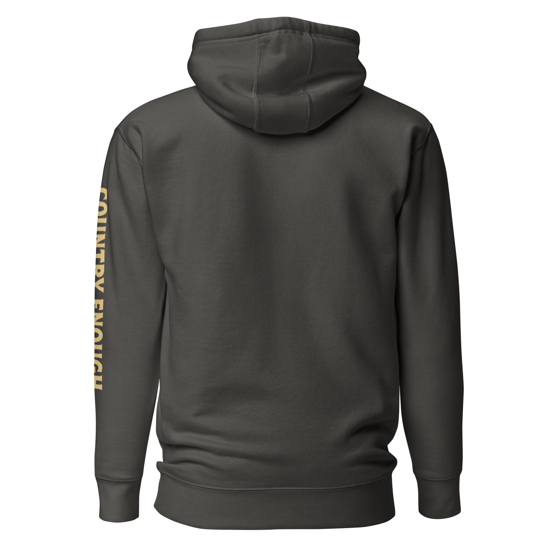 Vintage Black hoodie with circular graphic of a cowboy, horse, campfire, sun, cacti and desert landscape with words country enough #vintageblack