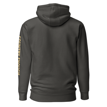 Vintage Black hoodie with circular graphic of a cowboy, horse, campfire, sun, cacti and desert landscape with words country enough #vintageblack