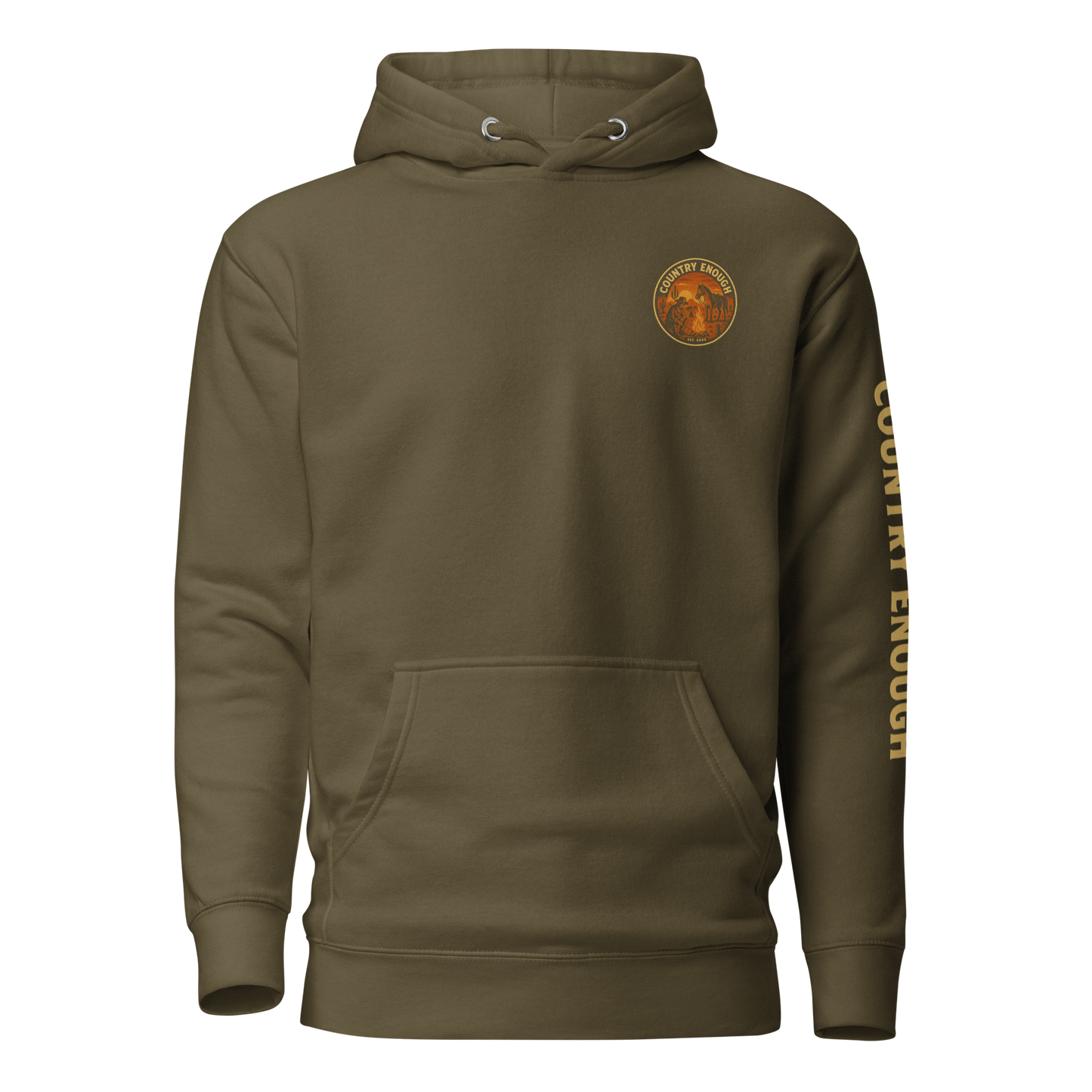 Military Green hoodie with circular graphic of a cowboy, horse, campfire, sun, cacti and desert landscape with words country enough #militarygreen