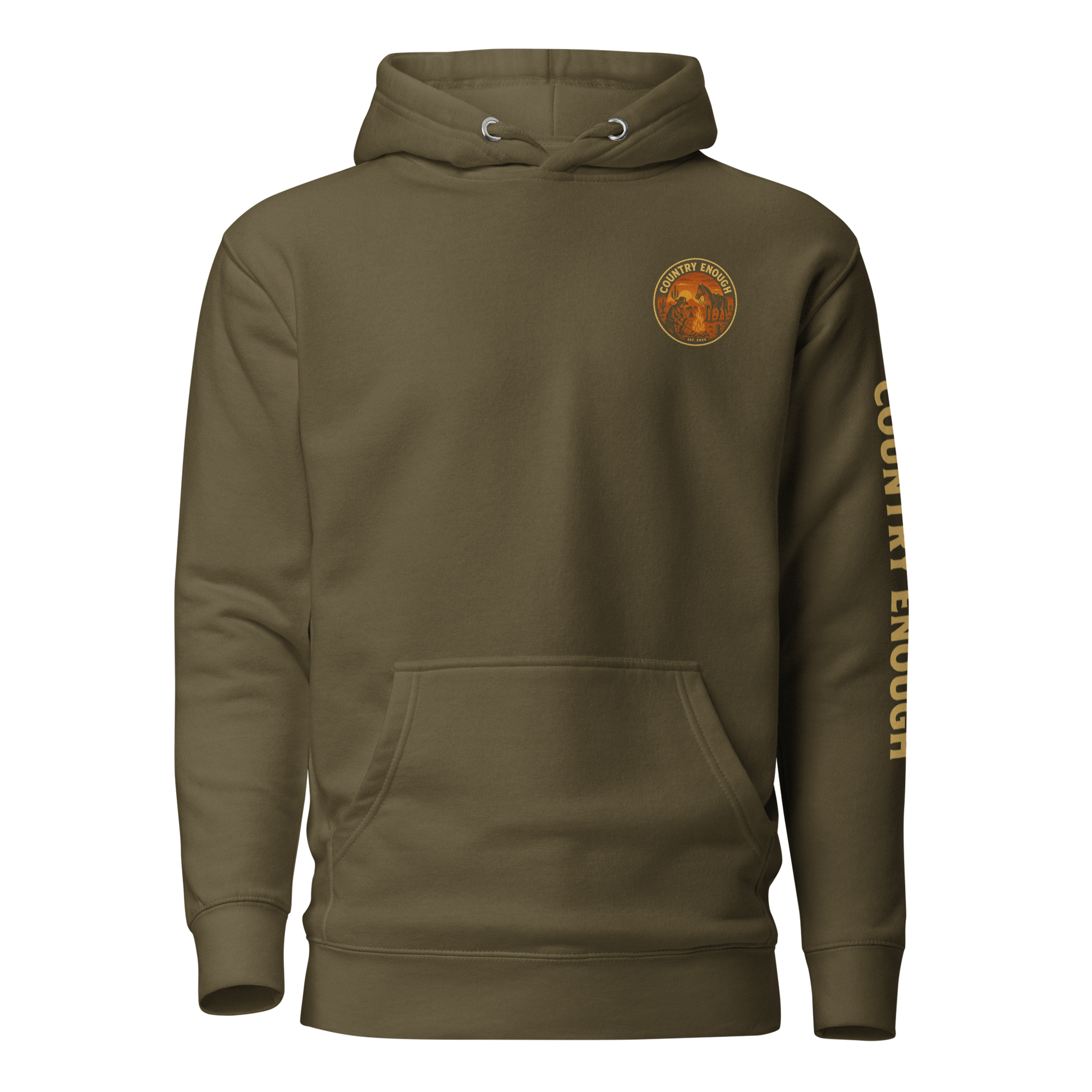 Military Green hoodie with circular graphic of a cowboy, horse, campfire, sun, cacti and desert landscape with words country enough #militarygreen
