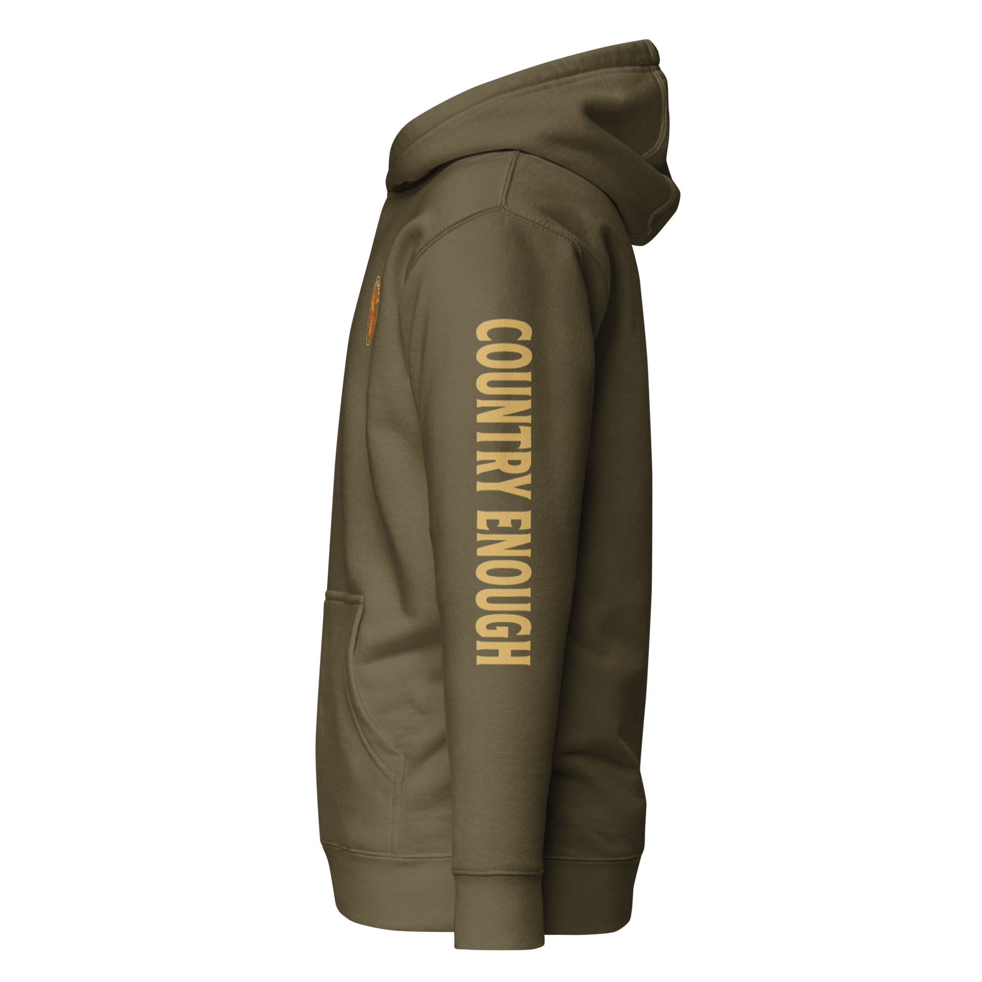 Military Green hoodie with circular graphic of a cowboy, horse, campfire, sun, cacti and desert landscape with words country enough #militarygreen
