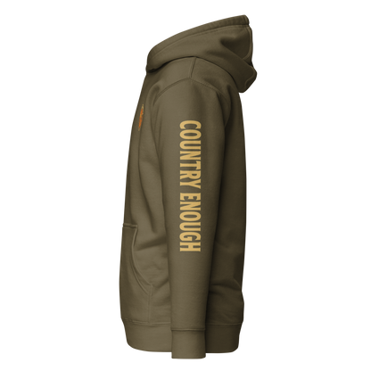 Military Green hoodie with circular graphic of a cowboy, horse, campfire, sun, cacti and desert landscape with words country enough #militarygreen