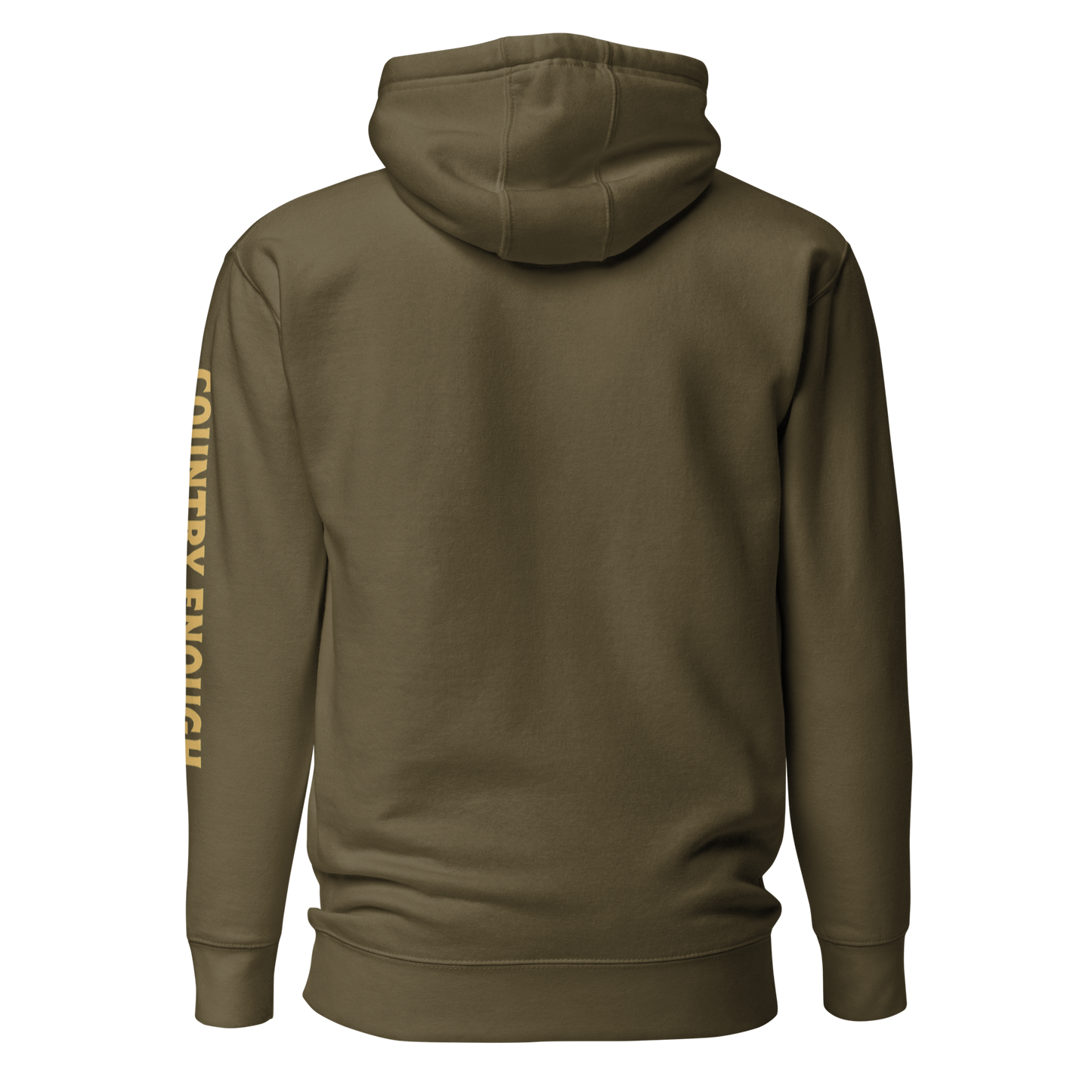 Military Green hoodie with circular graphic of a cowboy, horse, campfire, sun, cacti and desert landscape with words country enough #militarygreen