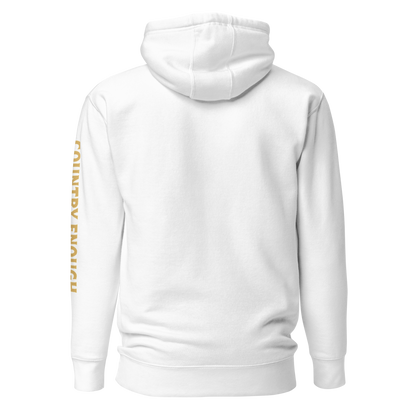 White hoodie with circular graphic of a cowboy, horse, campfire, sun, cacti and desert landscape with words country enough #white