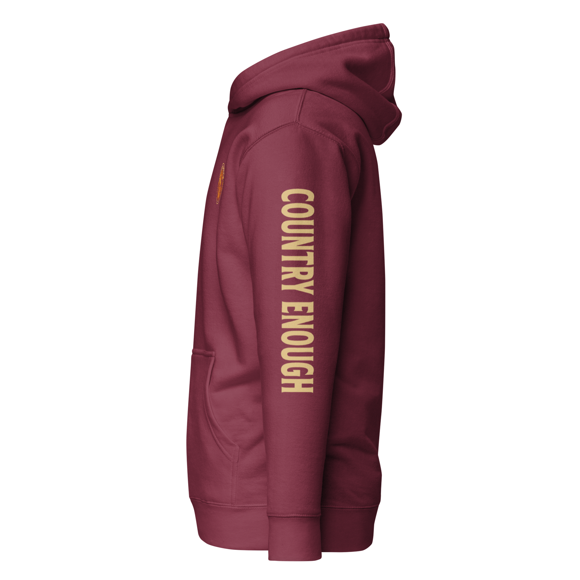 Maroon hoodie with circular graphic of a cowboy, horse, campfire, sun, cacti and desert landscape with words country enough #maroon