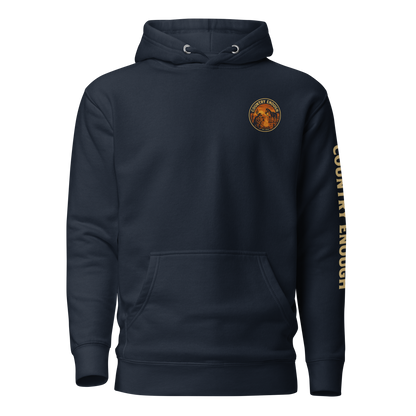 Navy Blazer hoodie with circular graphic of a cowboy, horse, campfire, sun, cacti and desert landscape with words country enough #navyblazer