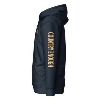 Navy Blazer hoodie with circular graphic of a cowboy, horse, campfire, sun, cacti and desert landscape with words country enough #navyblazer