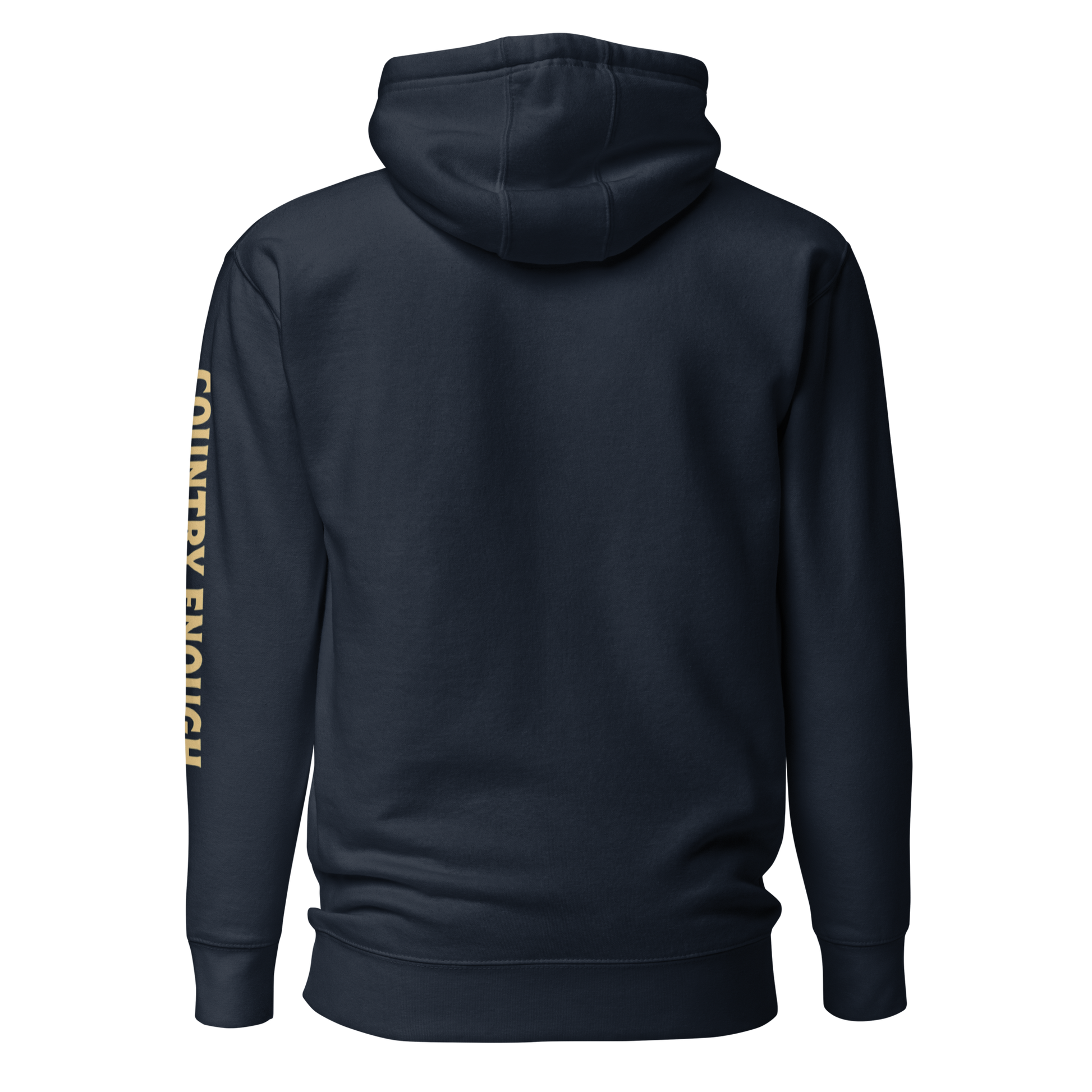 Navy Blazer hoodie with circular graphic of a cowboy, horse, campfire, sun, cacti and desert landscape with words country enough #navyblazer