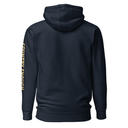Navy Blazer hoodie with circular graphic of a cowboy, horse, campfire, sun, cacti and desert landscape with words country enough #navyblazer