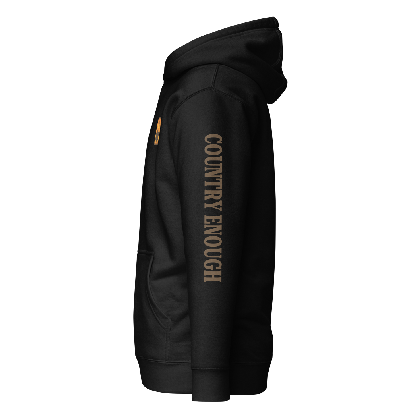 Black hoodie with a chest logo that includes a based, sunset, mountains, and the words country enough #black
