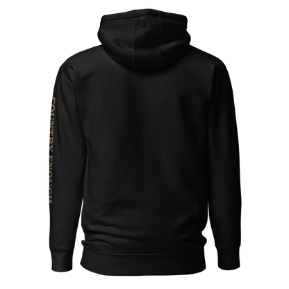 Black hoodie with a chest logo that includes a based, sunset, mountains, and the words country enough #black