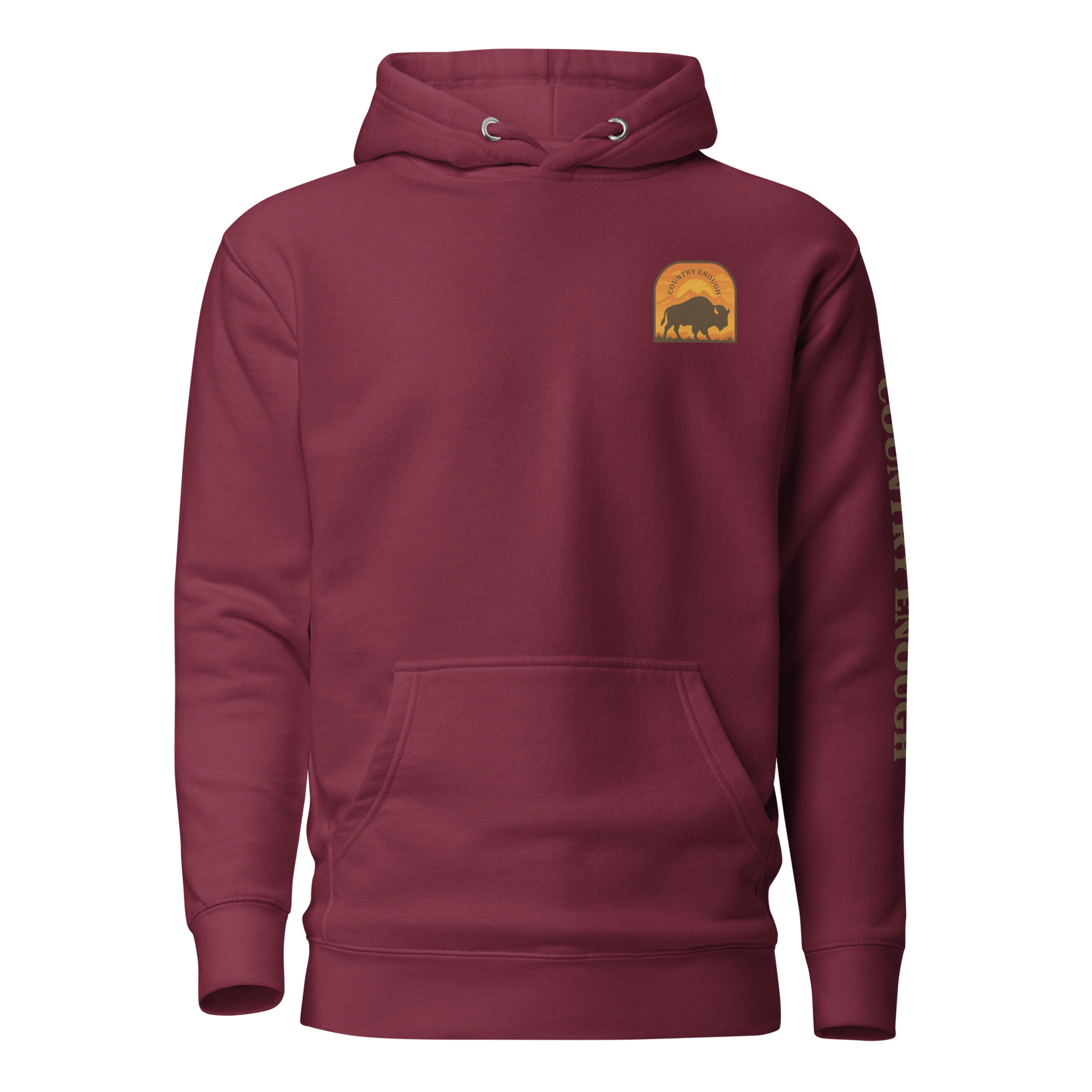 Maroon hoodie with a chest logo that includes a based, sunset, mountains, and the words country enough #maroon
