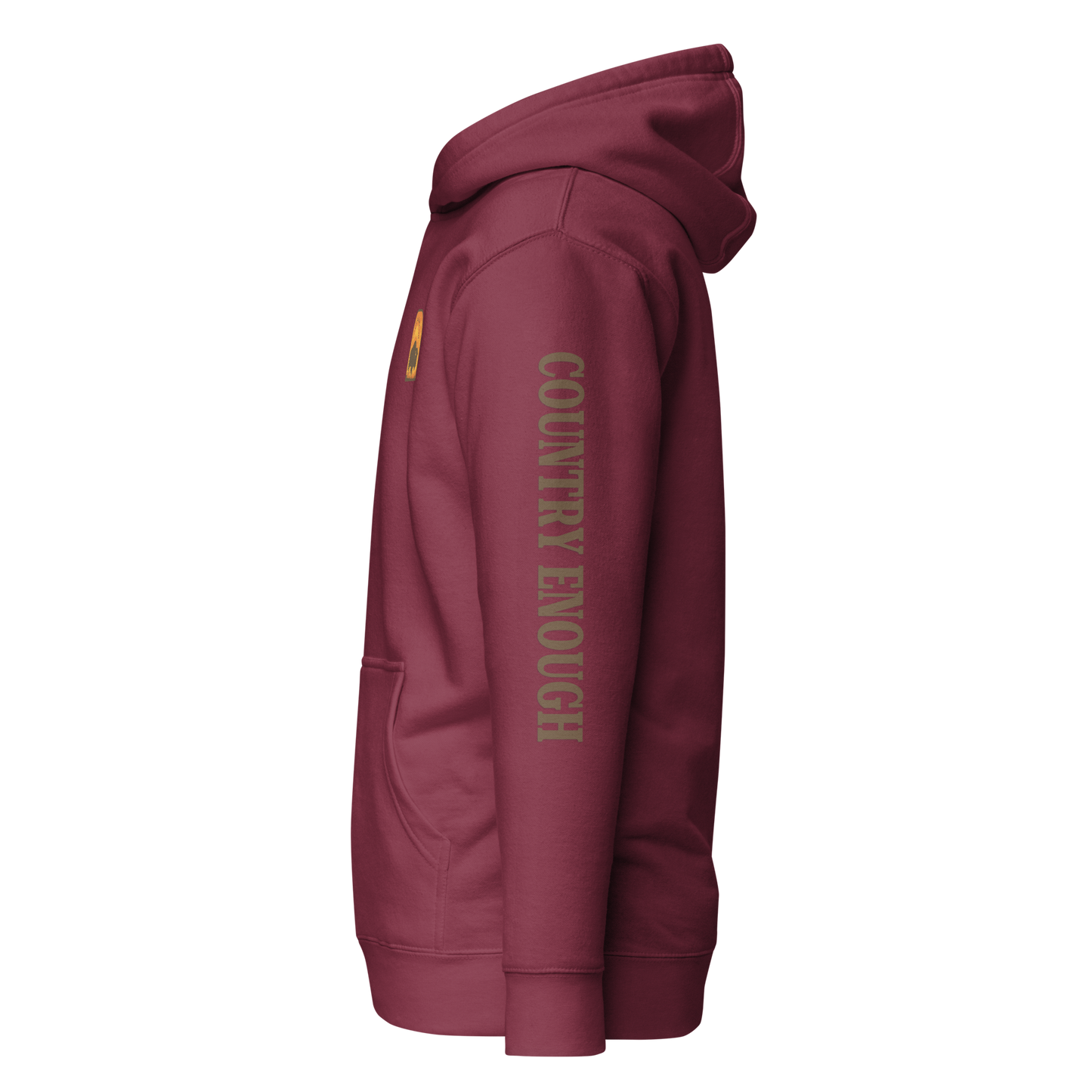 Maroon hoodie with a chest logo that includes a based, sunset, mountains, and the words country enough #maroon