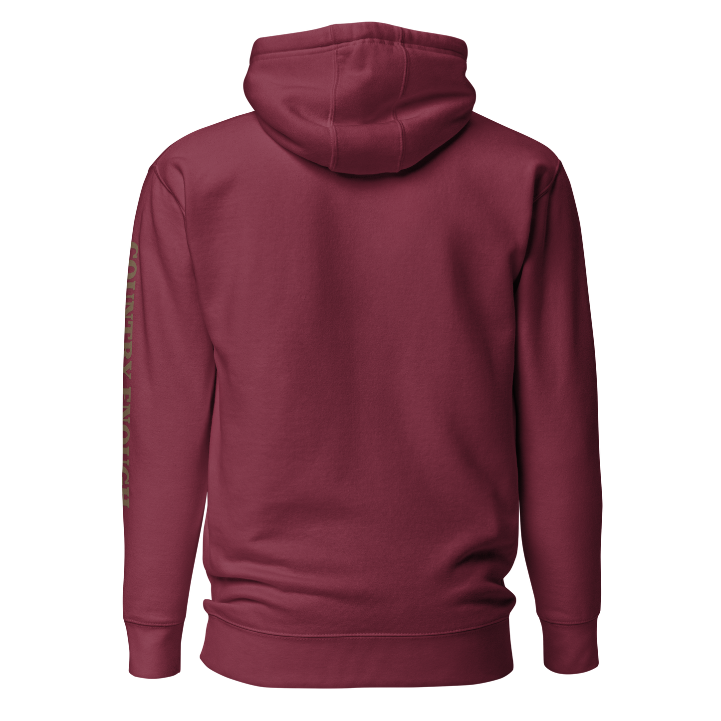 Maroon hoodie with a chest logo that includes a based, sunset, mountains, and the words country enough #maroon