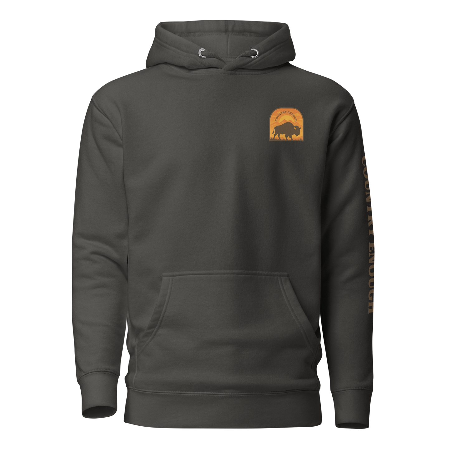 Vintage Black hoodie with a chest logo that includes a based, sunset, mountains, and the words country enough #vintageblack
