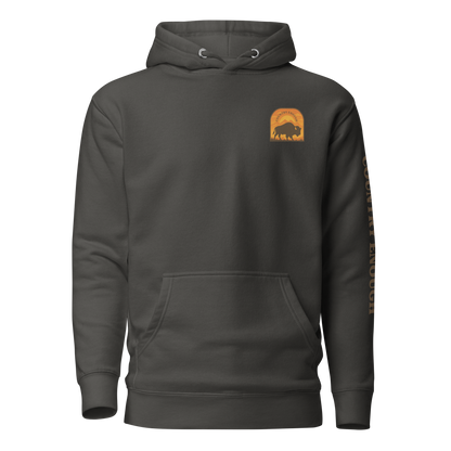 Vintage Black hoodie with a chest logo that includes a based, sunset, mountains, and the words country enough #vintageblack