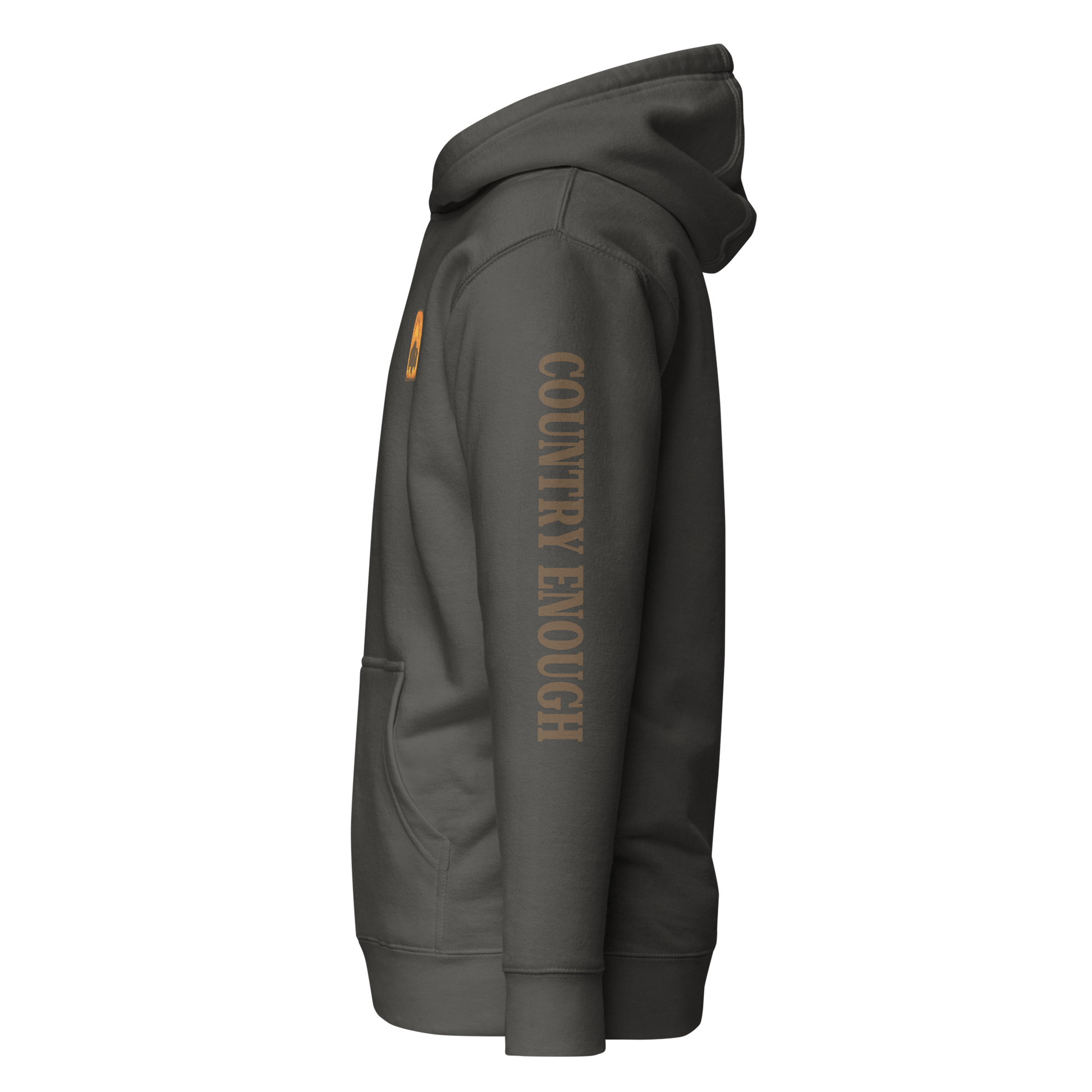Vintage Black hoodie with a chest logo that includes a based, sunset, mountains, and the words country enough #vintageblack