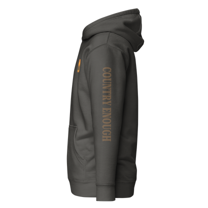 Vintage Black hoodie with a chest logo that includes a based, sunset, mountains, and the words country enough #vintageblack