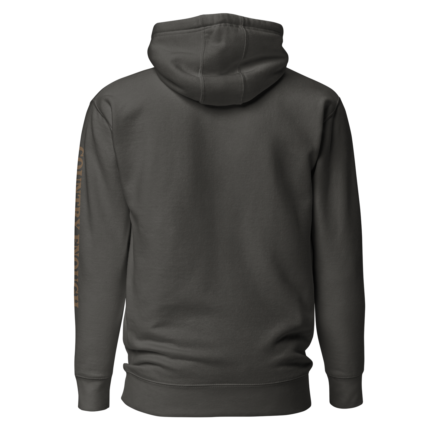 Vintage Black hoodie with a chest logo that includes a based, sunset, mountains, and the words country enough #vintageblack