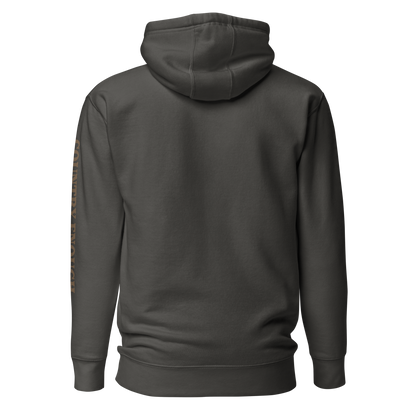Vintage Black hoodie with a chest logo that includes a based, sunset, mountains, and the words country enough #vintageblack