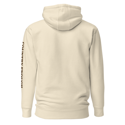 Bone hoodie with a chest logo that includes a based, sunset, mountains, and the words country enough #bone