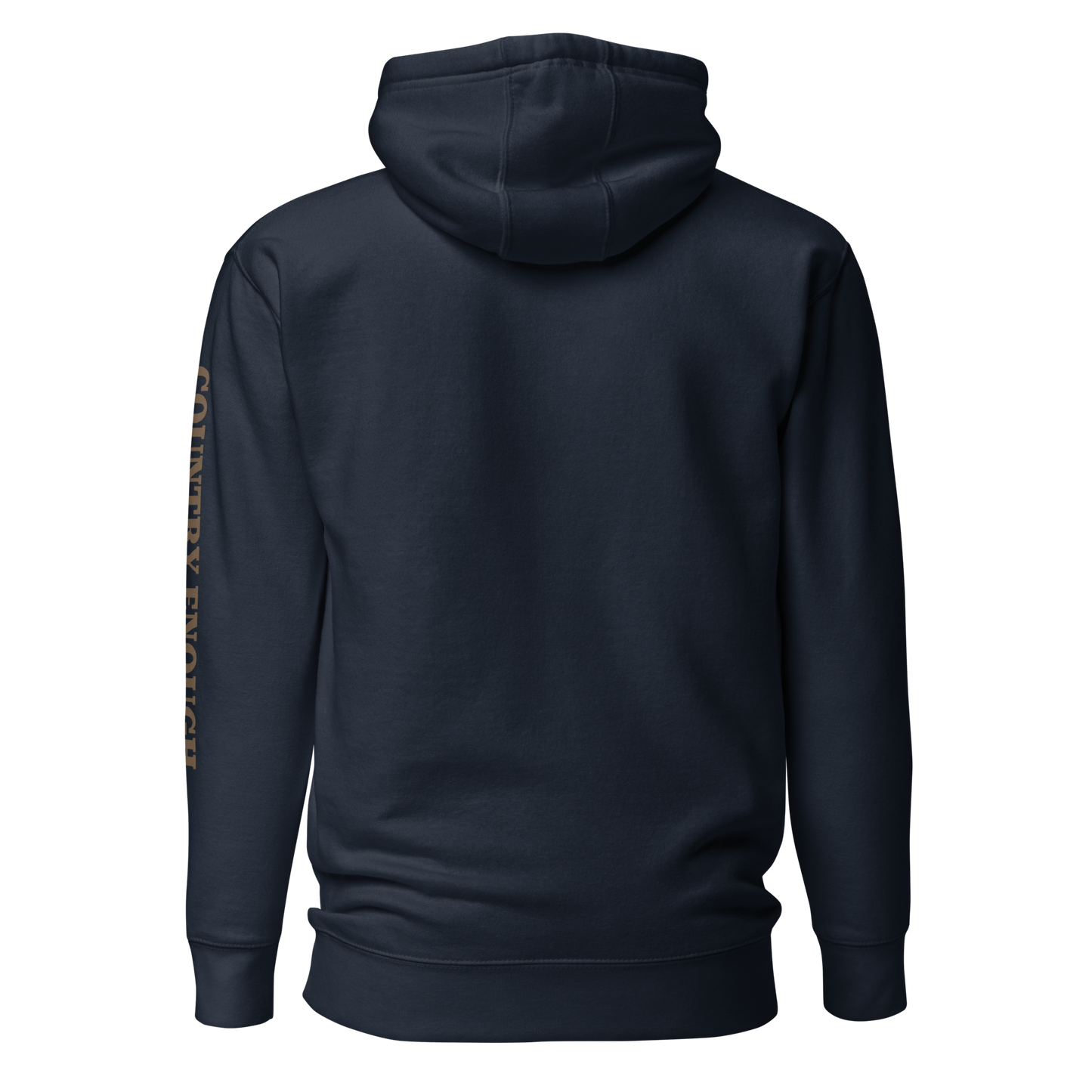 Navy Blazer hoodie with a chest logo that includes a based, sunset, mountains, and the words country enough #navyblazer