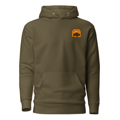 Military Green hoodie with a chest logo that includes a based, sunset, mountains, and the words country enough #militarygreen