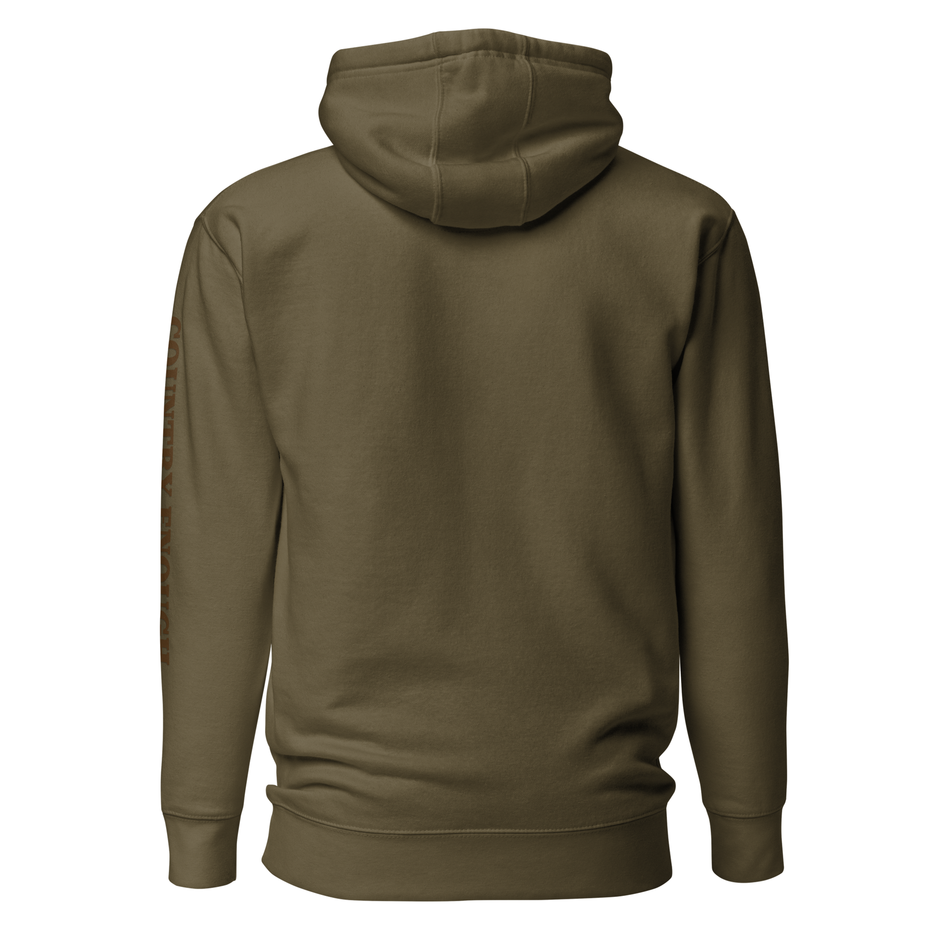 Military Green hoodie with a chest logo that includes a based, sunset, mountains, and the words country enough #militarygreen