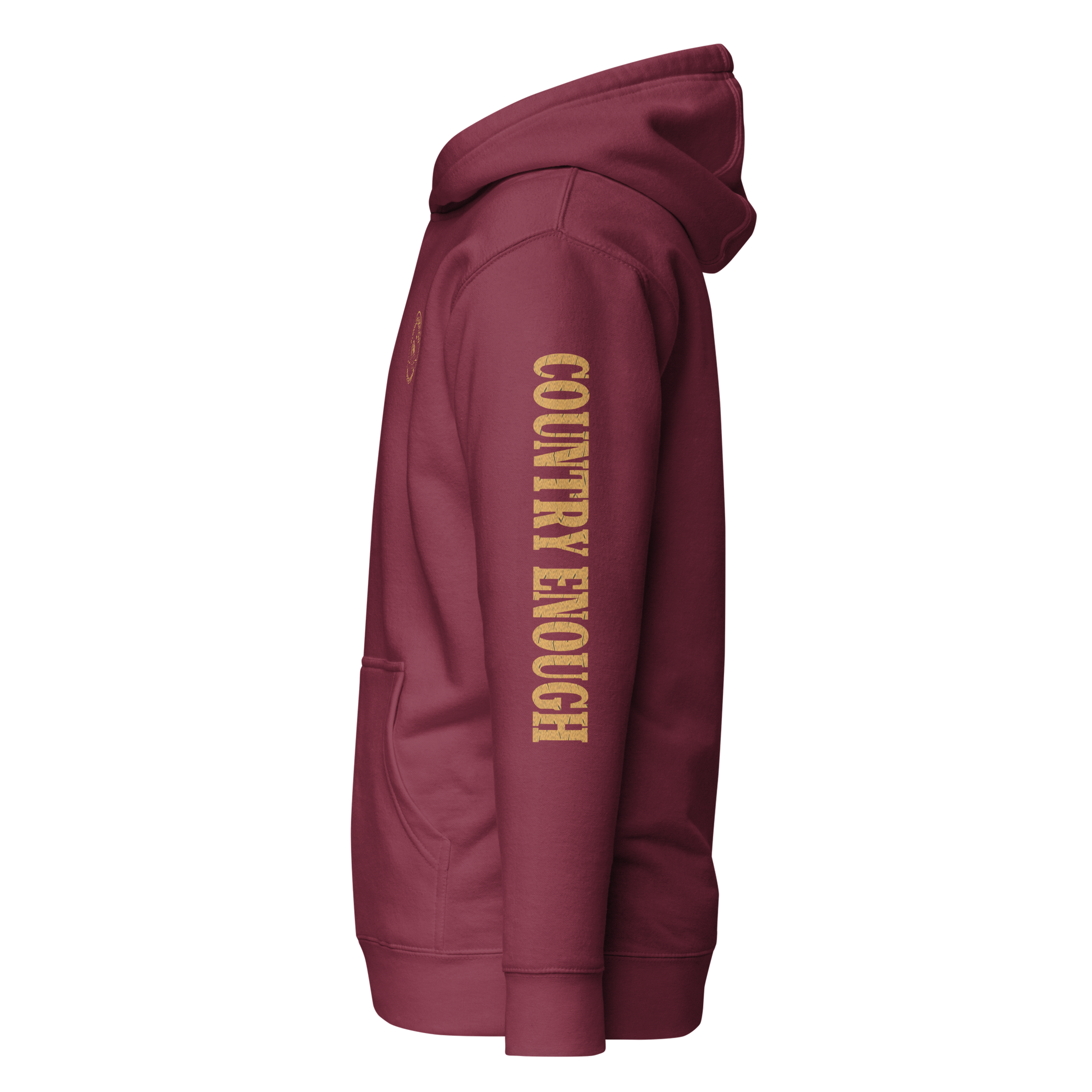 Maroon hoodie with circular graphic of a bison, starry sky, and the words country enough and hold the range #maroon
