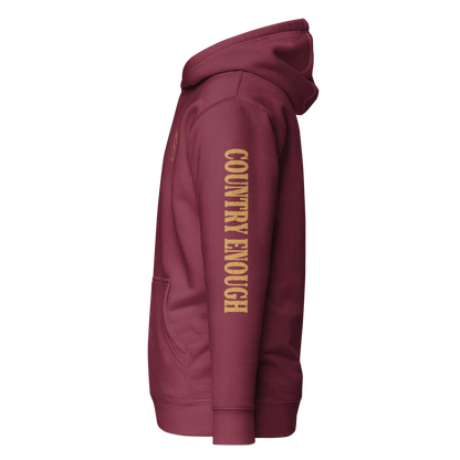 Maroon hoodie with circular graphic of a bison, starry sky, and the words country enough and hold the range #maroon