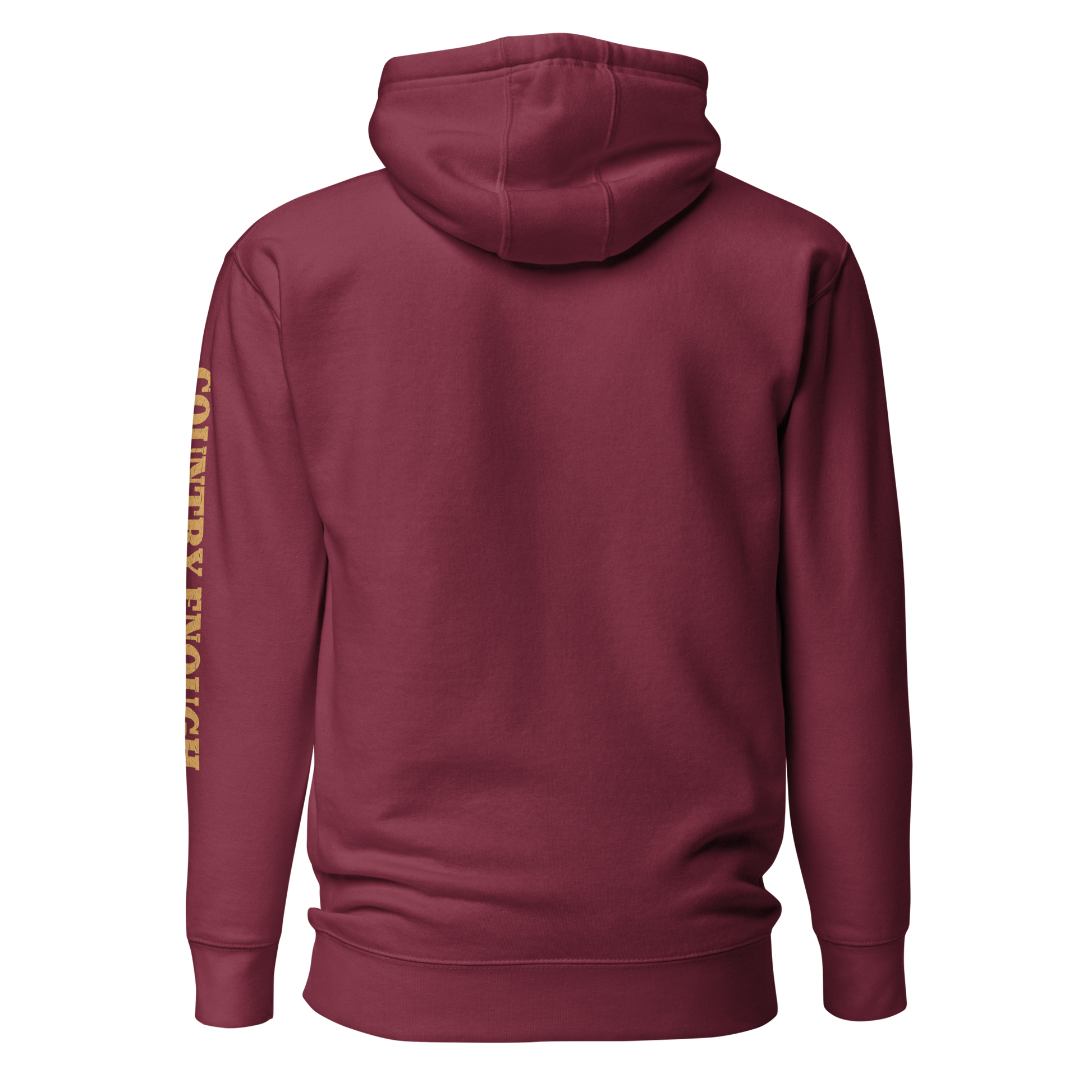 Maroon hoodie with circular graphic of a bison, starry sky, and the words country enough and hold the range #maroon