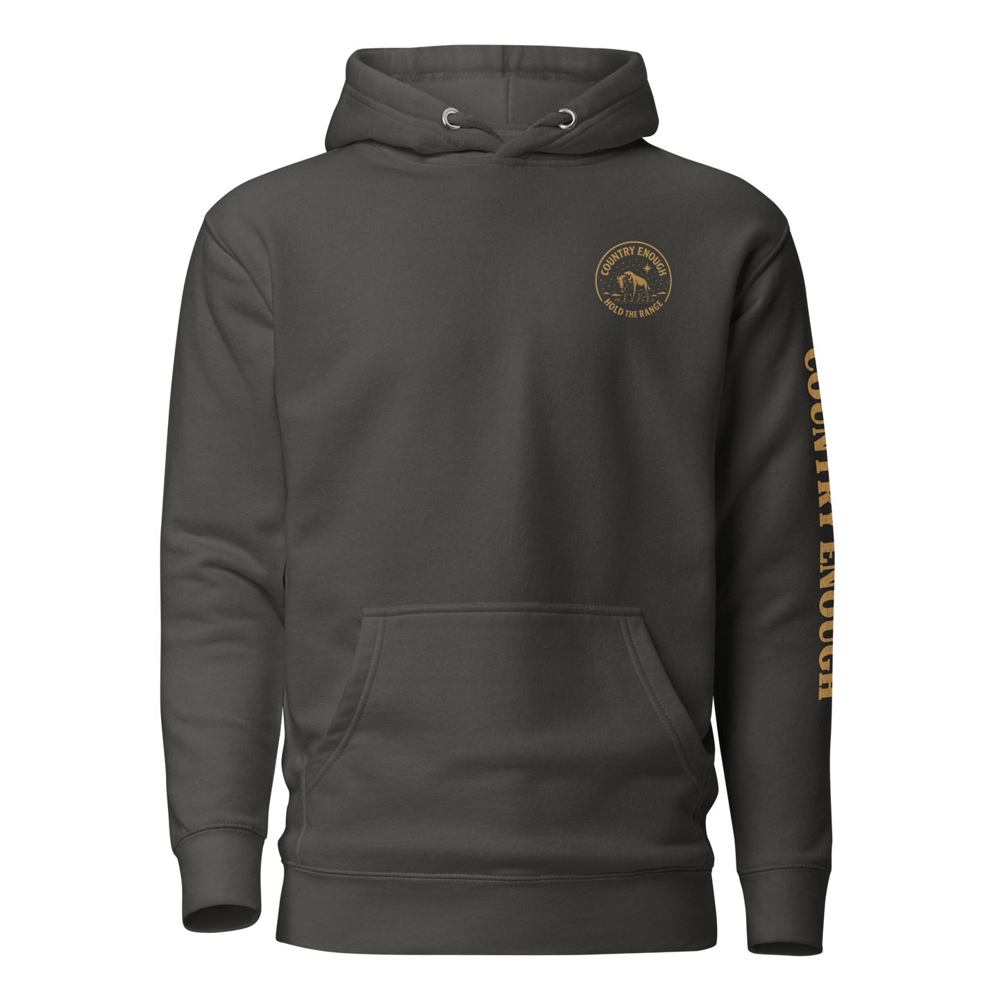 Vintage Black hoodie with circular graphic of a bison, starry sky, and the words country enough and hold the range #vintageblack