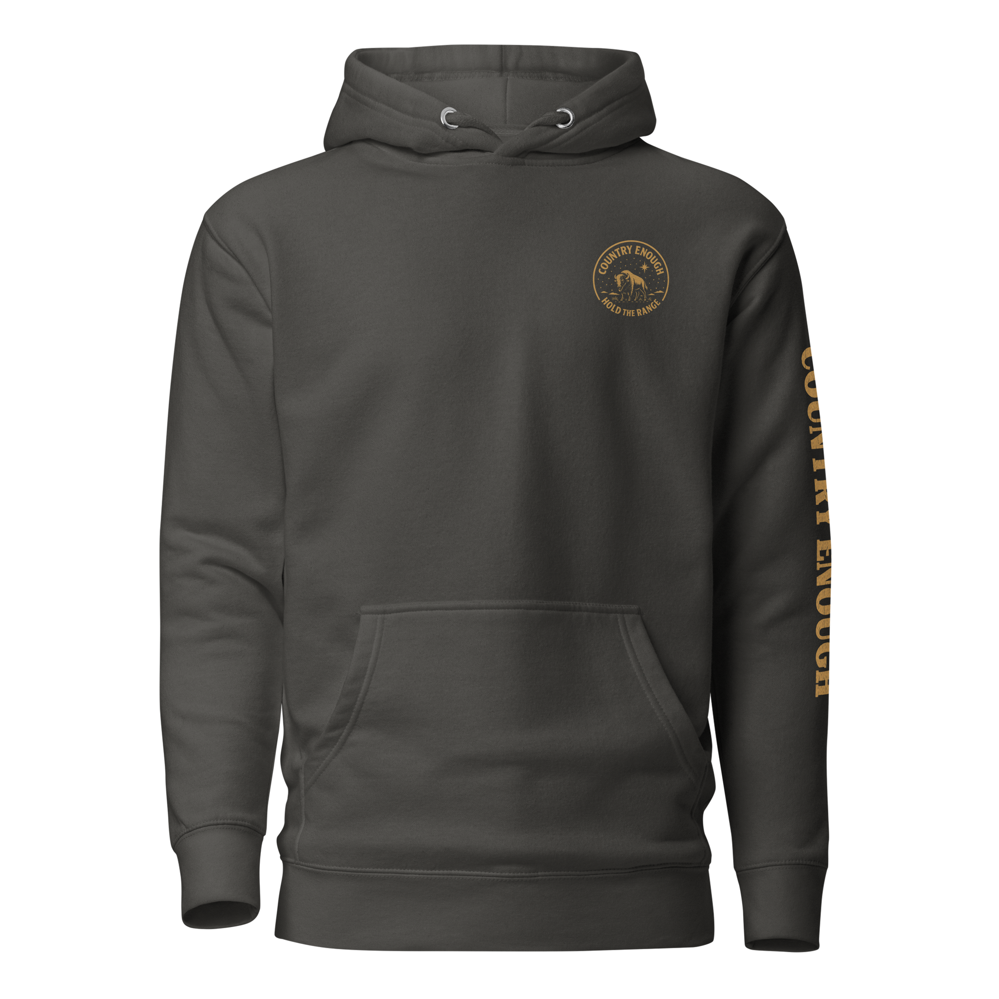 Vintage Black hoodie with circular graphic of a bison, starry sky, and the words country enough and hold the range #vintageblack