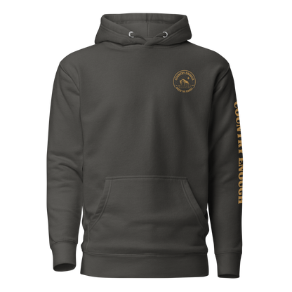Vintage Black hoodie with circular graphic of a bison, starry sky, and the words country enough and hold the range #vintageblack