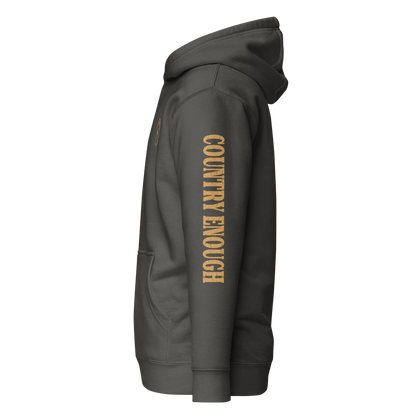 Vintage Black hoodie with circular graphic of a bison, starry sky, and the words country enough and hold the range #vintageblack