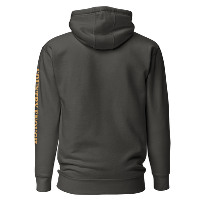 Vintage Black hoodie with circular graphic of a bison, starry sky, and the words country enough and hold the range #vintageblack