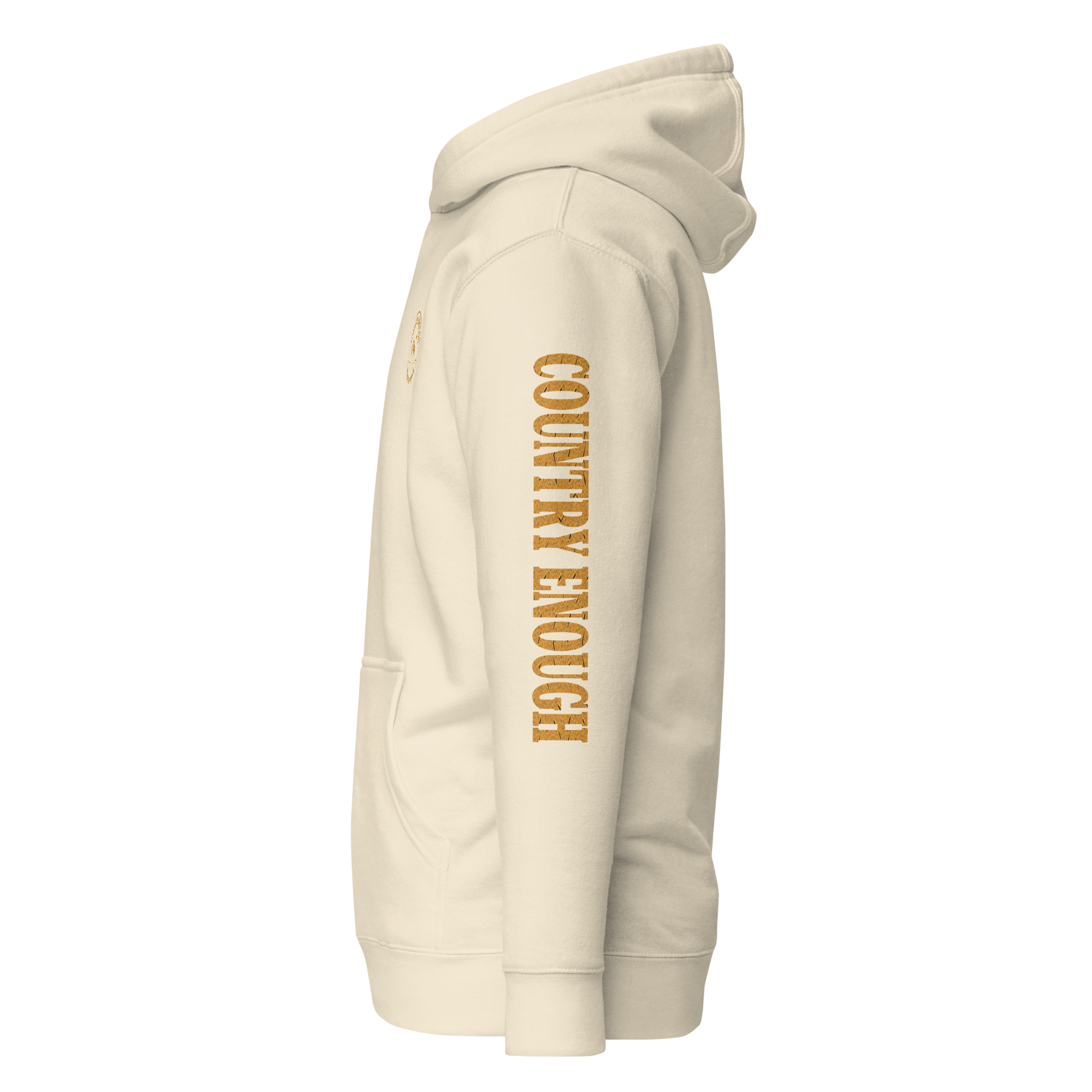 Cream hoodie with circular graphic of a bison, starry sky, and the words country enough and hold the range #cream