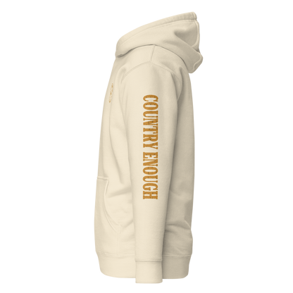 Cream hoodie with circular graphic of a bison, starry sky, and the words country enough and hold the range #cream